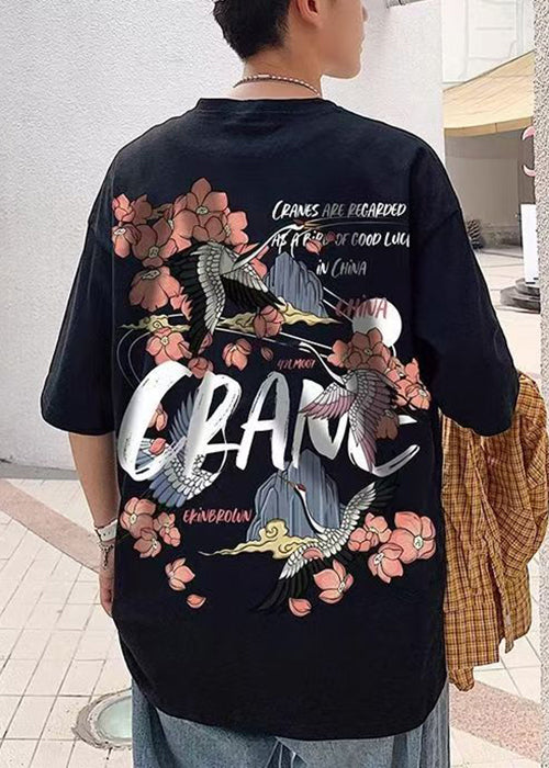 Chic Black O Neck Print Oversized Cotton T Shirts Men Summer