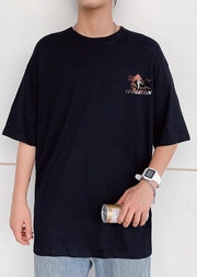 Chic Black O Neck Print Oversized Cotton T Shirts Men Summer