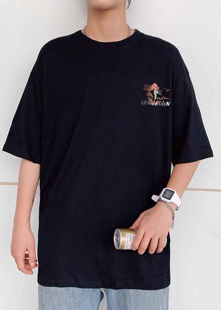 Chic Black O Neck Print Oversized Cotton T Shirts Men Summer