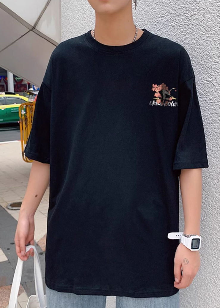 Chic Black O Neck Print Oversized Cotton T Shirts Men Summer