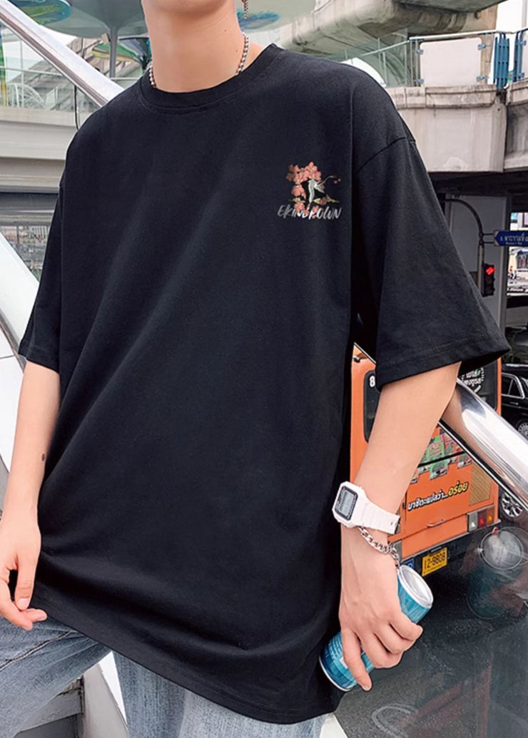 Chic Black O Neck Print Oversized Cotton T Shirts Men Summer