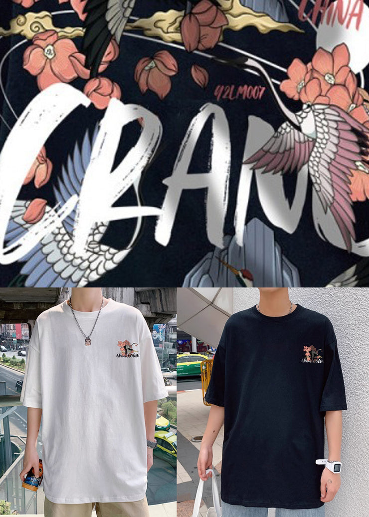 Chic Black O Neck Print Oversized Cotton T Shirts Men Summer