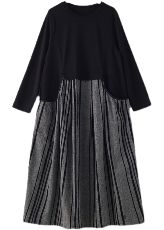Chic Black O-Neck Striped Patchwork Pockets Long Dresses Long Sleeve