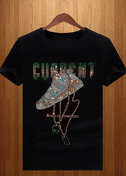 Chic Black O Neck Zircon Cotton T Shirt Men Summer