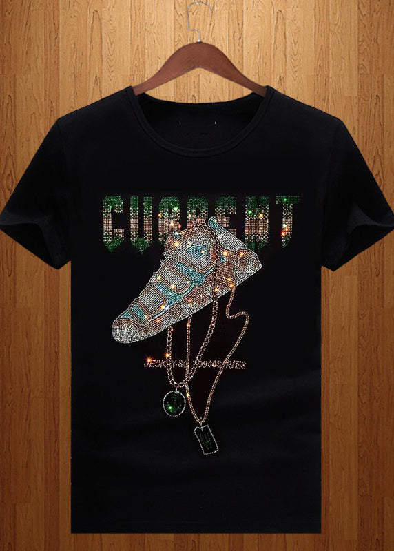 Chic Black O Neck Zircon Cotton T Shirt Men Summer