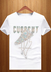 Chic Black O Neck Zircon Cotton T Shirt Men Summer