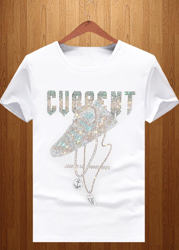 Chic Black O Neck Zircon Cotton T Shirt Men Summer