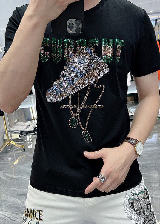 Chic Black O Neck Zircon Cotton T Shirt Men Summer