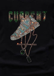 Chic Black O Neck Zircon Cotton T Shirt Men Summer