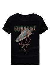 Chic Black O Neck Zircon Cotton T Shirt Men Summer