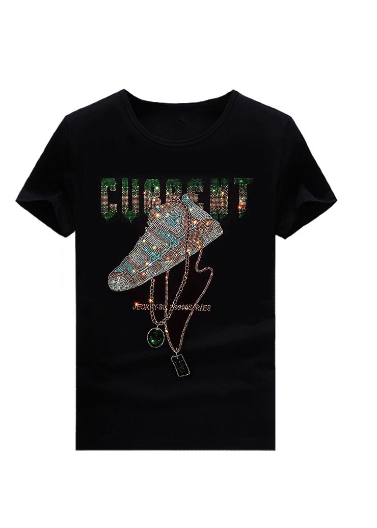 Chic Black O Neck Zircon Cotton T Shirt Men Summer