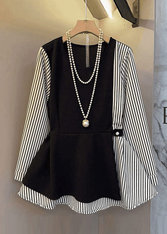 Chic Black Oversized Patchwork Cotton Fake Two Piece Tops Fall