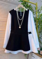 Chic Black Oversized Patchwork Cotton Fake Two Piece Tops Fall