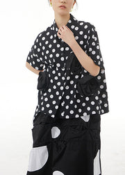 Chic Black Peter Pan Collar Dot Cotton Shirt Summer