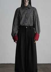 Chic Black Peter Pan Collar Plaid Button Cotton Shirts Fall