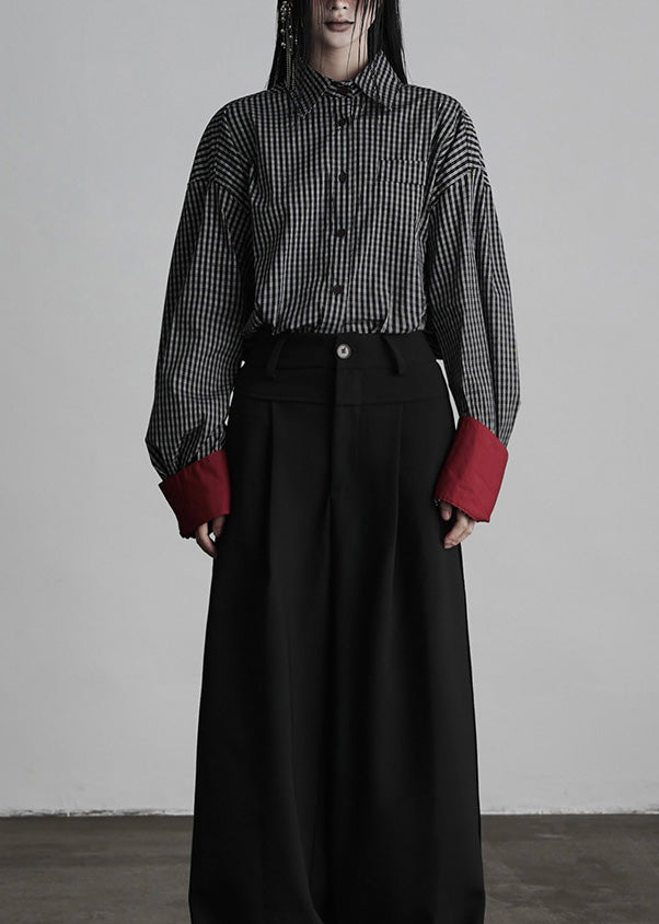 Chic Black Peter Pan Collar Plaid Button Cotton Shirts Fall