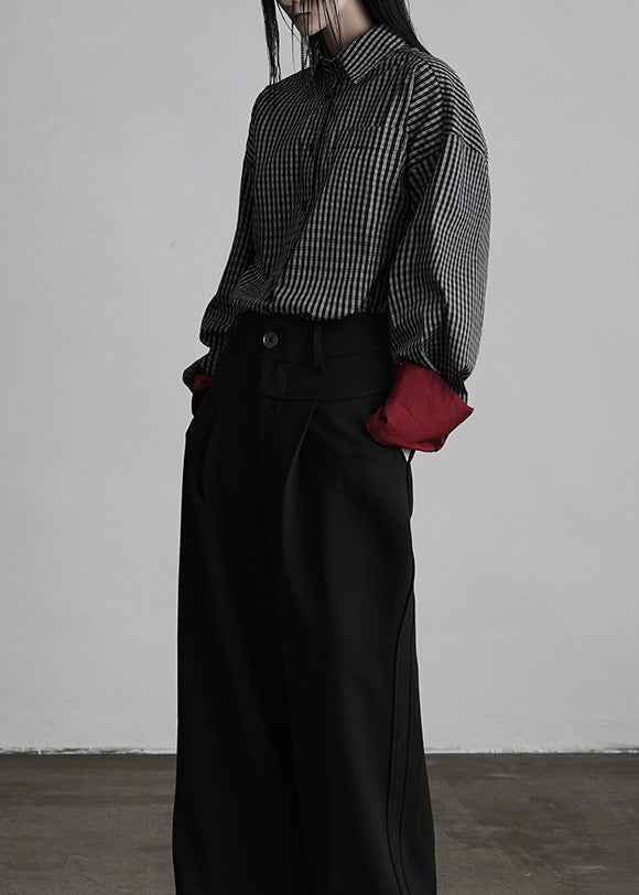 Chic Black Peter Pan Collar Plaid Button Cotton Shirts Fall