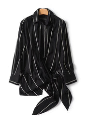 Chic Black Peter Pan Collar Striped Lace Up Linen Tops Fall