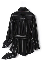 Chic Black Peter Pan Collar Striped Lace Up Linen Tops Fall