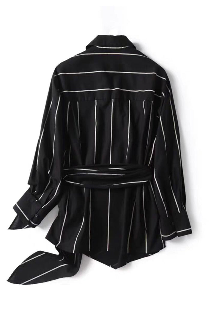 Chic Black Peter Pan Collar Striped Lace Up Linen Tops Fall