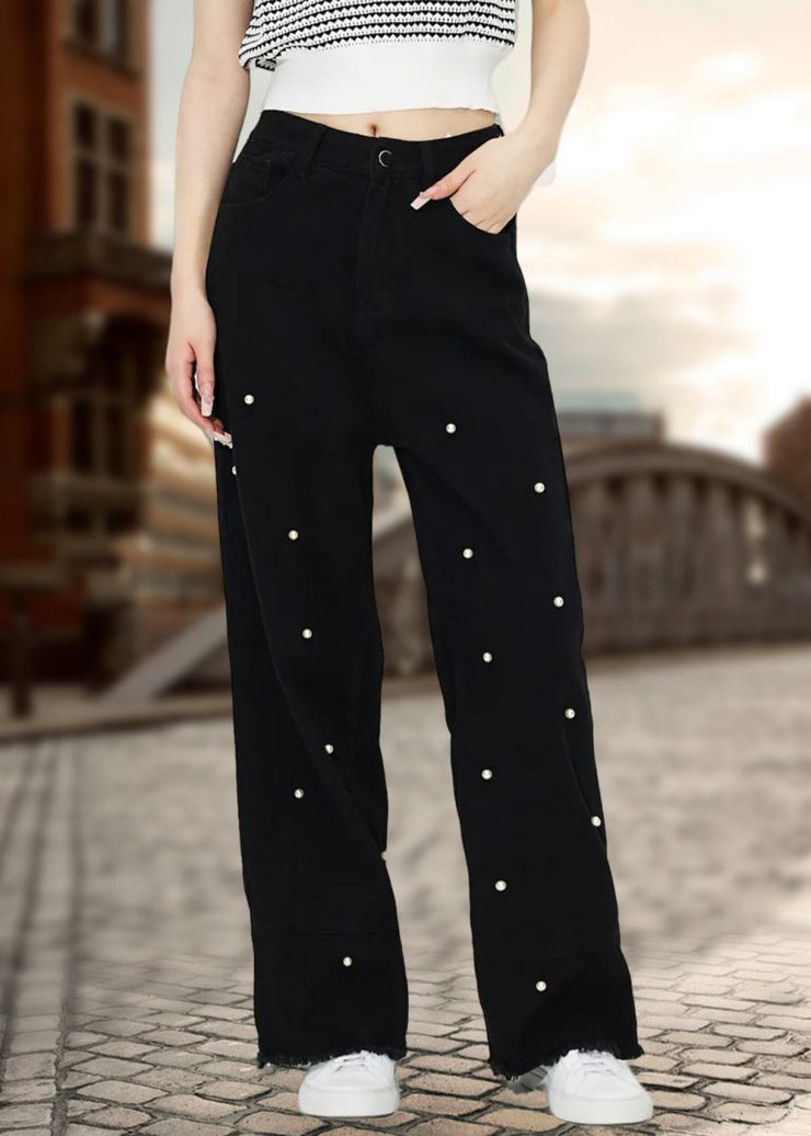 Chic Black Pockets Pearl Straight Denim Pants Fall