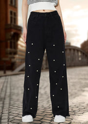 Chic Black Pockets Pearl Straight Denim Pants Fall