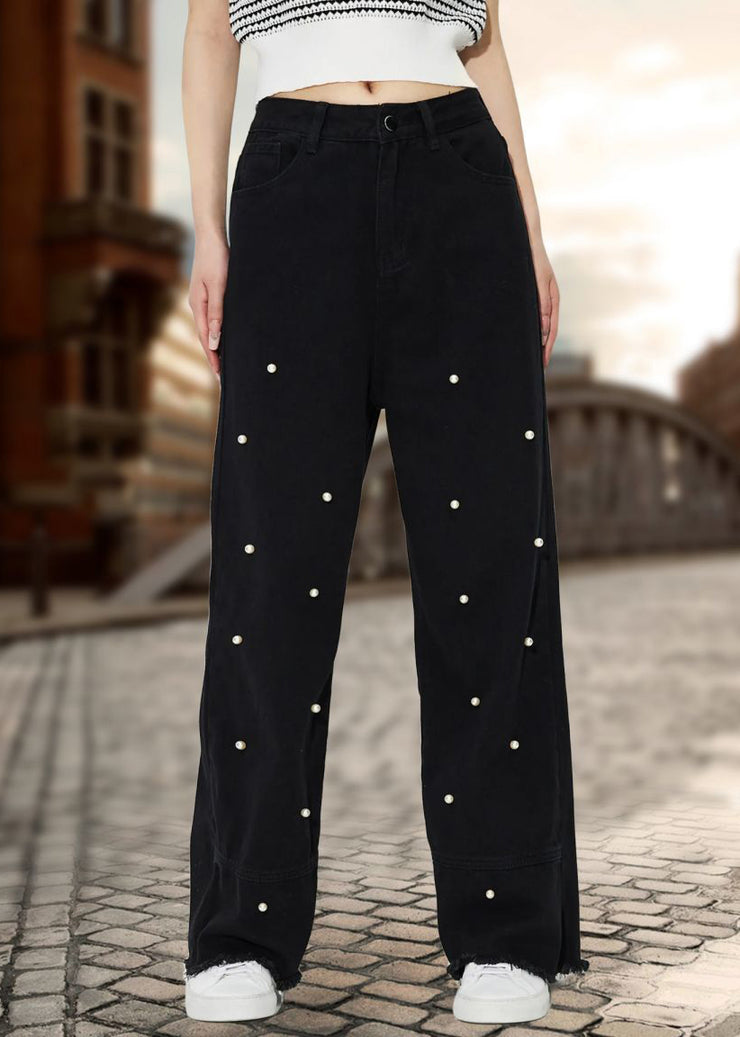 Chic Black Pockets Pearl Straight Denim Pants Fall