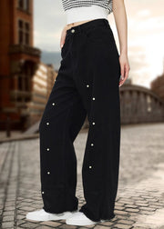 Chic Black Pockets Pearl Straight Denim Pants Fall