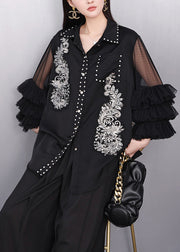 Chic Black Rhinestone Hollow Out Chiffon Blouse Tops Flare Sleeve