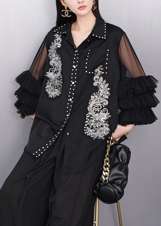 Chic Black Rhinestone Hollow Out Chiffon Blouse Tops Flare Sleeve