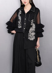 Chic Black Rhinestone Hollow Out Chiffon Blouse Tops Flare Sleeve