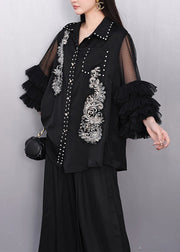 Chic Black Rhinestone Hollow Out Chiffon Blouse Tops Flare Sleeve
