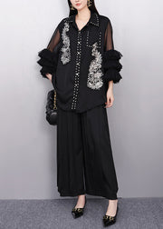 Chic Black Rhinestone Hollow Out Chiffon Blouse Tops Flare Sleeve