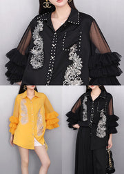 Chic Black Rhinestone Hollow Out Chiffon Blouse Tops Flare Sleeve