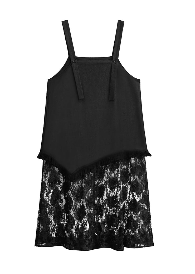Chic Black Ruffled Lace Patchwork Cotton Strap Dress Summer