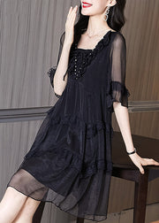 Chic Black Ruffled Patchwork Chiffon Dress Summer