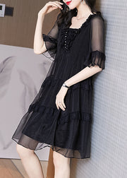 Chic Black Ruffled Patchwork Chiffon Dress Summer