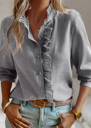 Chic Black Stand Collar Ruffled Shirts Lantern Sleeve