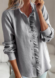Chic Black Stand Collar Ruffled Shirts Lantern Sleeve