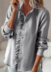 Chic Black Stand Collar Ruffled Shirts Lantern Sleeve
