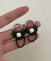 Chic Black Sterling Silver Floral Bag Drop Earrings
