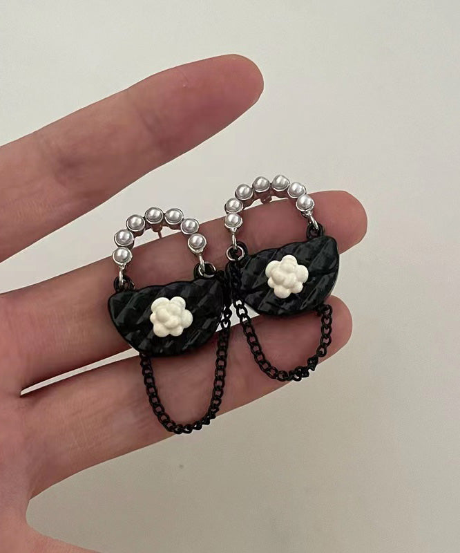 Chic Black Sterling Silver Floral Bag Drop Earrings