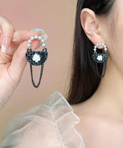 Chic Black Sterling Silver Floral Bag Drop Earrings