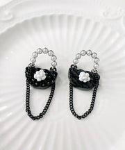 Chic Black Sterling Silver Floral Bag Drop Earrings