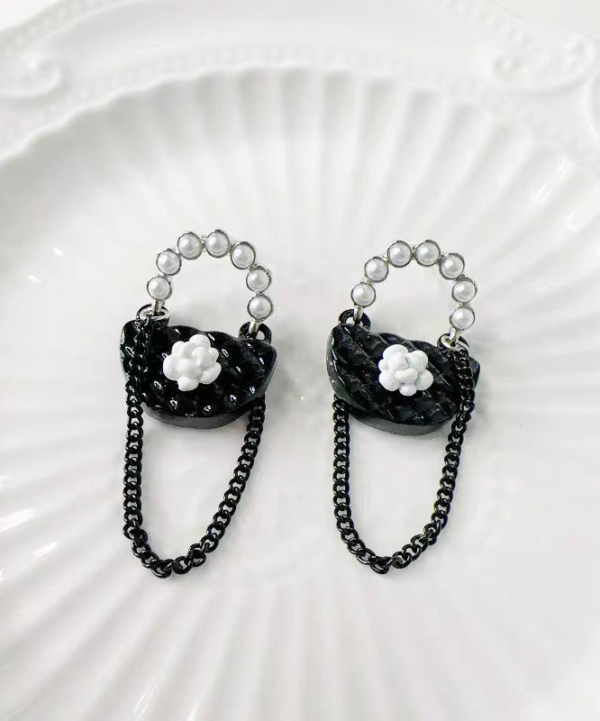 Chic Black Sterling Silver Floral Bag Drop Earrings