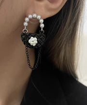 Chic Black Sterling Silver Floral Bag Drop Earrings