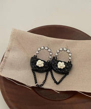 Chic Black Sterling Silver Floral Bag Drop Earrings