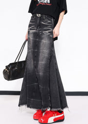 Chic Black Tassel Pockets Patchwork Slim Fit Denim Skirts Fall