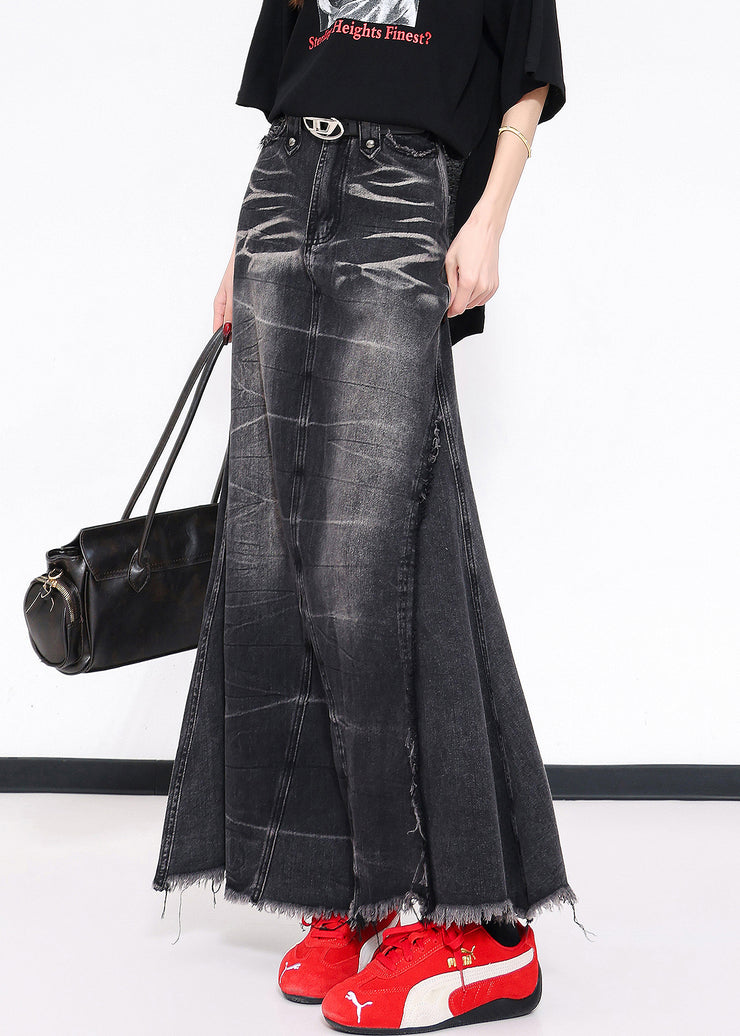 Chic Black Tassel Pockets Patchwork Slim Fit Denim Skirts Fall