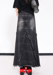 Chic Black Tassel Pockets Patchwork Slim Fit Denim Skirts Fall
